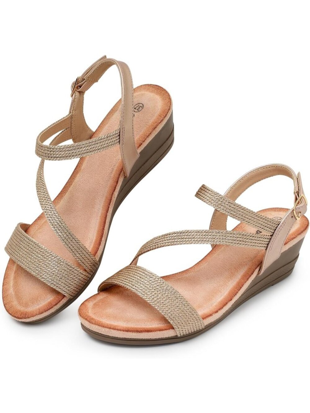 Women's Champagne Comfortable Strappy Adjustable Ankle Strap Low Wedge Sandals